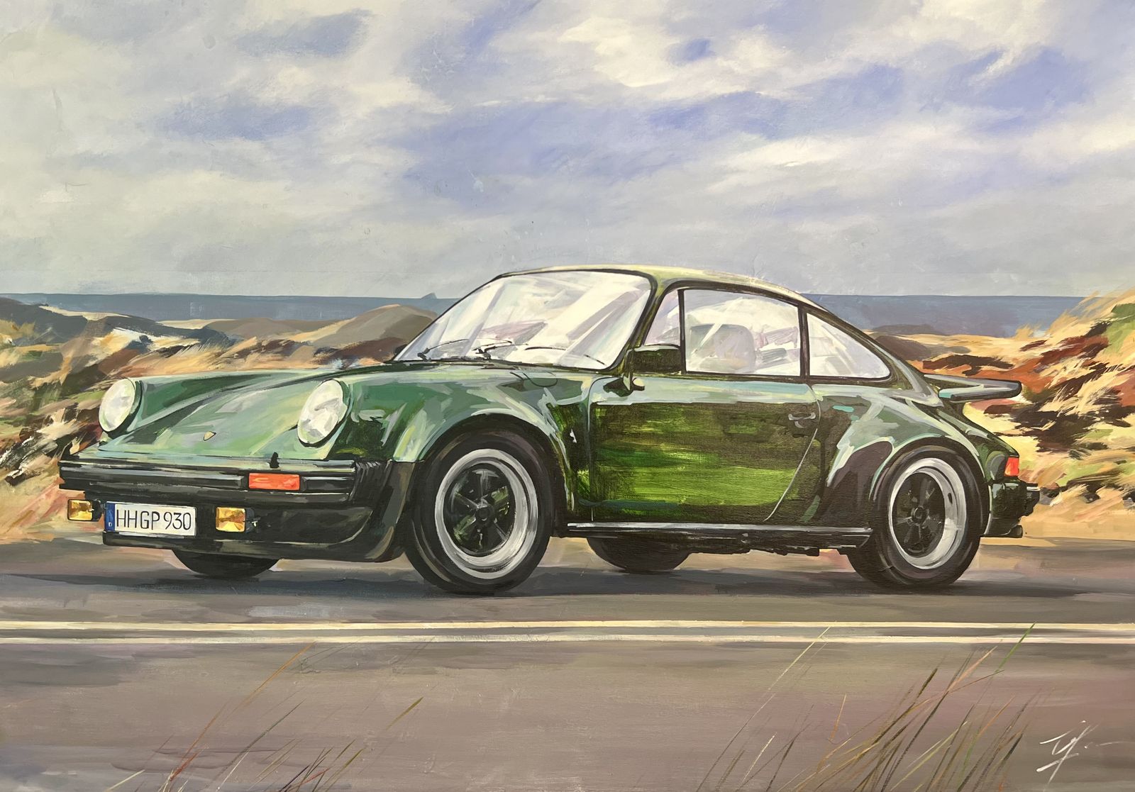 Porsche 911 — grüner Porsche 911 Turbo vor Dünenlandschaft, Öl auf Leinwand