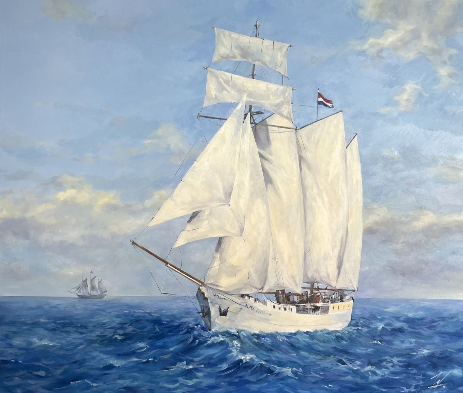 Auftragsarbeit: Segelschiff Mare Frisium mit weißen Segeln auf blauer See