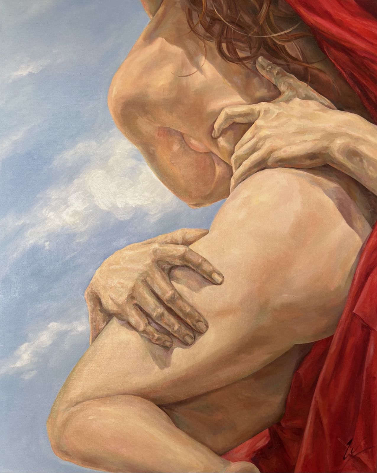 Auftragsarbeit: figurative Malerei einer Umarmung mit rotem Tuch vor Himmel