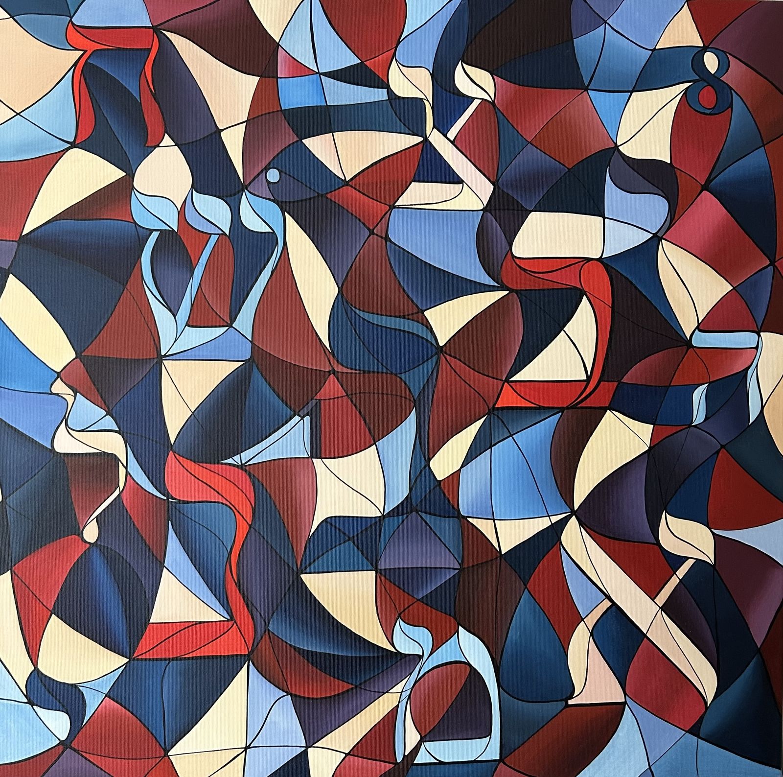 Mosaikartige Komposition aus hebräischen Buchstaben in Rot-, Blau- und Cremetönen, Hebräische Kollektion